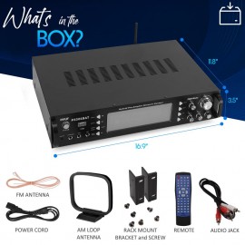 Bluetooth Hybrid Stereo Amplifier Receiver with AM/FM Radio, Digital LCD Display, USB/SD MP3 Playback, Multi-Channel Source Audio Selection, Dual Microphone Inputs, Subwoofer Output, AUX and RCA Connectors, Headphone Jack, LED Backlight, Cooling Fan, Rack-Mount Design, Remote Control, and Audio Adjustment Controls for Home Theater, Karaoke, and Music Entertainment