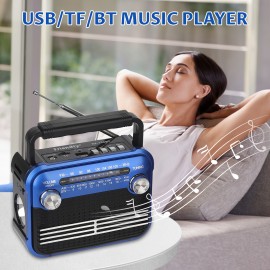 128BT Portable FM Radio, Full Bandwidth Sound, Large Knob Easy Operation, FM/AM/SW1-6/USB/TF/BT Playback, Battery Powered - Multi-Band Home Handheld Flashlight Radio for Indoor and Outdoor Use