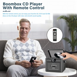 Boombox Cassette CD Player with 5000mAh Battery, 5W Dual Stereo Speakers, Rechargeable CD Player with FM Radio, Remote Control, Tape Recording, 3.5mm Earphone Jack, AUX/Micro SD/USB for Home