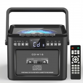 Boombox Cassette CD Player with 5000mAh Battery, 5W Dual Stereo Speakers, Rechargeable CD Player with FM Radio, Remote Control, Tape Recording, 3.5mm Earphone Jack, AUX/Micro SD/USB for Home