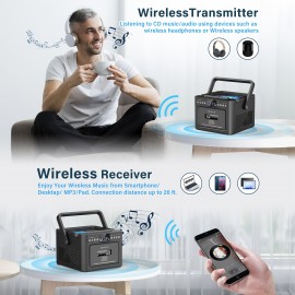 Boombox Cassette CD Player with 5000mAh Battery, 5W Dual Stereo Speakers, Rechargeable CD Player with FM Radio, Remote Control, Tape Recording, 3.5mm Earphone Jack, AUX/Micro SD/USB for Home