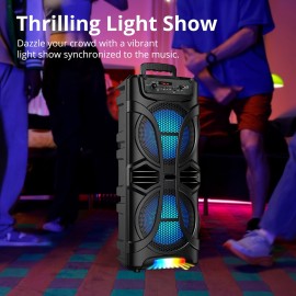 Dual 8'' Large Wireless Speaker, 6800 Peak Powerful Loud Sound, Stereo Sound, Portable Outdoor Speaker Wireless, Long Playtime, USB/TF/BT/AUX/FM/TWS, Cool Lights for Party, Camping, Beach, Backyard, Home, Work, Outdoor Speaker System, Home Audio