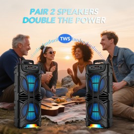 Dual 8'' Large Wireless Speaker, 6800 Peak Powerful Loud Sound, Stereo Sound, Portable Outdoor Speaker Wireless, Long Playtime, USB/TF/BT/AUX/FM/TWS, Cool Lights for Party, Camping, Beach, Backyard, Home, Work, Outdoor Speaker System, Home Audio