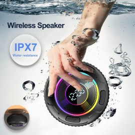 Portable Wireless Speaker • Dynamic LED Lights & Clock Display • 10-Hour Playtime • Stereo Pairing & Hands-Free with Microphone • Compact Suction Cup Design for Car/Backpack Use • Versatile Multi-Function Speaker