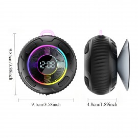 Portable Wireless Speaker • Dynamic LED Lights & Clock Display • 10-Hour Playtime • Stereo Pairing & Hands-Free with Microphone • Compact Suction Cup Design for Car/Backpack Use • Versatile Multi-Function Speaker