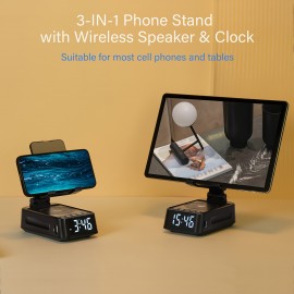 3-in-1 Phone Stand Speaker & Digital Clock with Wireless, Stereo Sound, Built-in Mic, USB-C Charging, RGB-Free Color-Changing - Smart Dock for Smartphones/Tablets, Ideal Gift for Men/Women, Home, Office, Travel & Camping (No Adapter