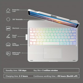 Rotatable Bracket&Touch Case With Keyboard For IPad Pro 13-inch (M4, 2024), for IPad Air 13-inch (M3, 2025/M2, 2024) & for IPad Pro 12.9 (6th/5th/4th/3rd Gen), Trackpad, 360° Rotatable, Mixed Colors Backlit.