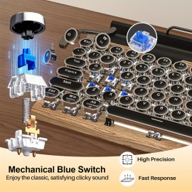 Retro Typewriter Wireless Mechanical Gaming Keyboard, Wireless Office Computer Vintage Keyboards 83-Key Blue Switches Punk Round Keycap, LED Backlight, Compatible With PC/Laptop/Pad/Phone